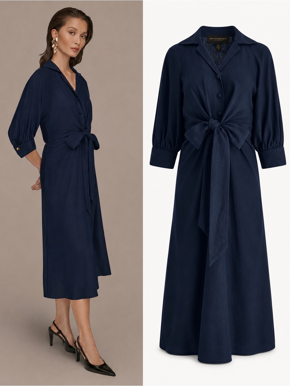 NWT Donna Karan New York Linen Blend Tie Waist Midi Dress Blue Size 8  $199